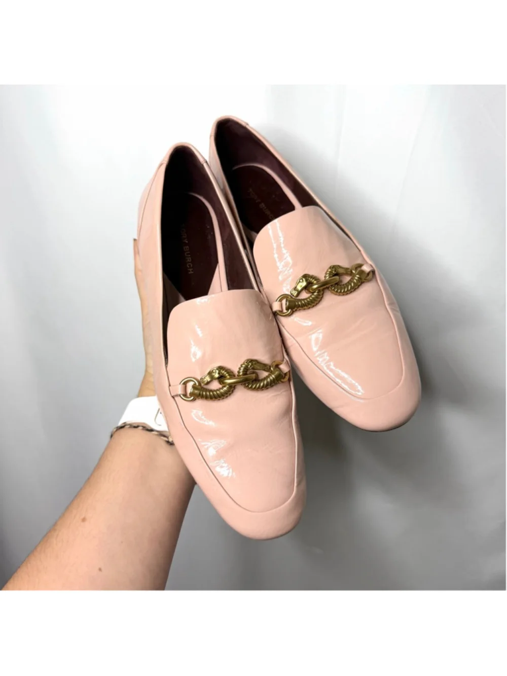 Women's Tory Burch Jessa Pink Patent Leather Loafers with Gold Chain, Size 8